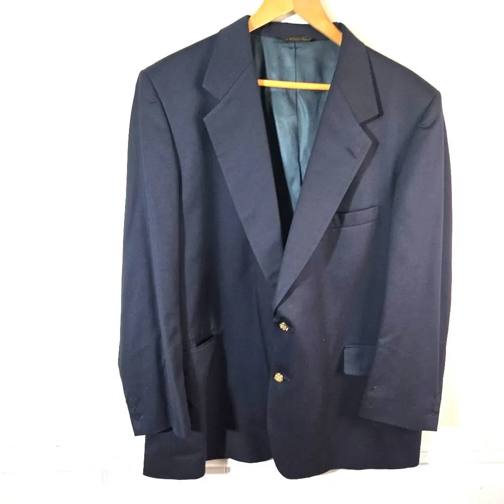 Botany 500 Mens Blazer Jacket 46R Navy Blue Vintage Made USA Sport Coat Gold